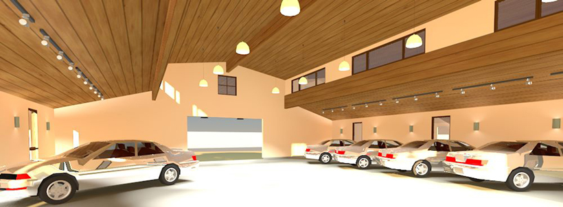 Interior W lights - CAD rendering - Showcar Garage & Guest Suite Addition - ENR architects, Granbury, TX 76049